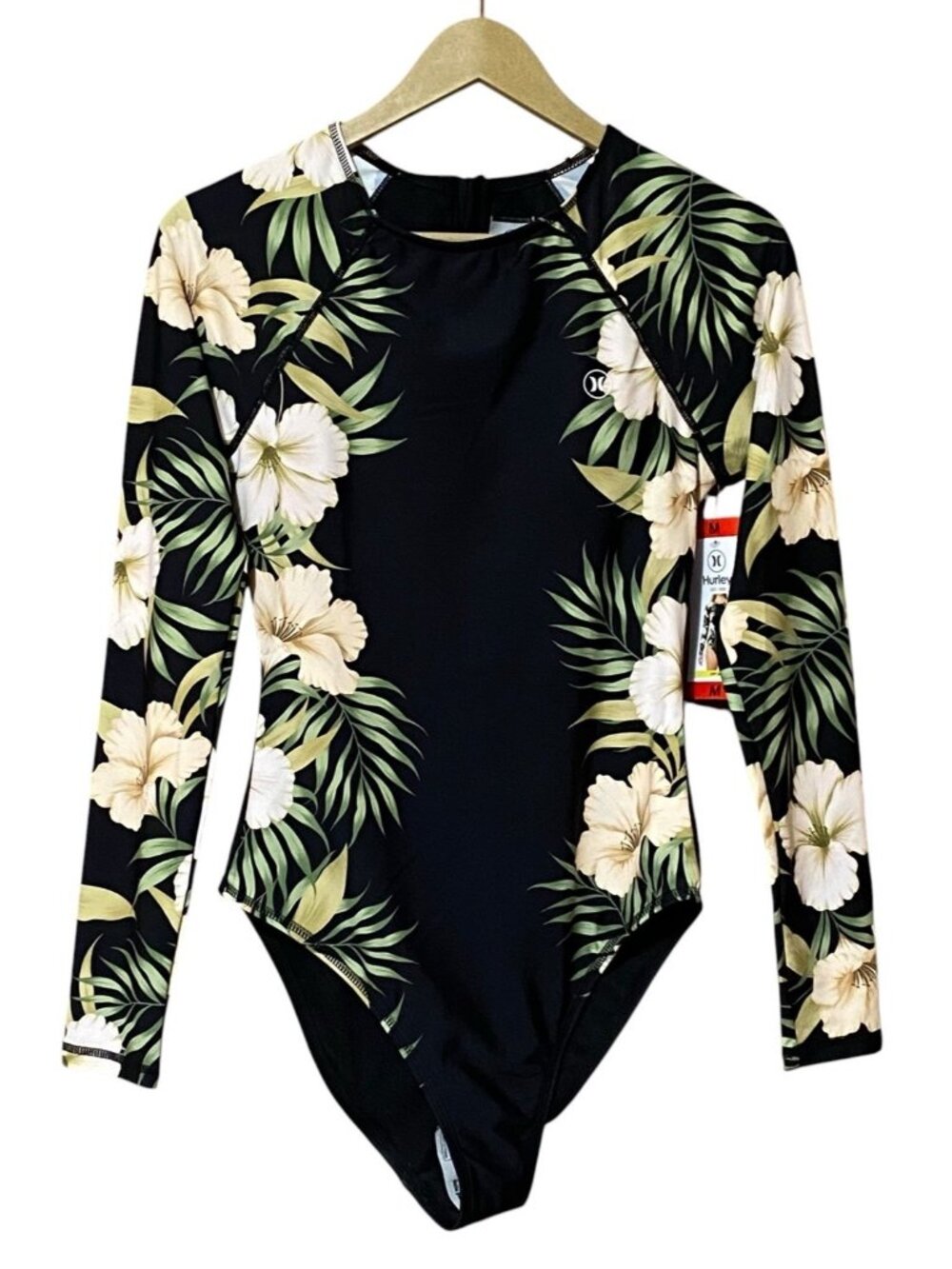 Hurley Black Floral Long-Sleeve One-Piece Swimsuit